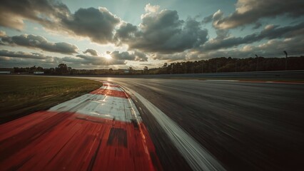 Blurred asphalt race track corner with red and white curbs at sunrise under cloudy sky