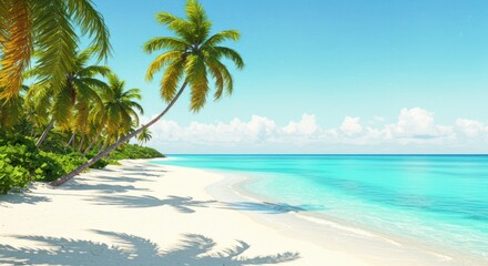 Obraz premium Idyllic tropical beach scene with palm trees and turquoise water