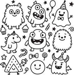 Obraz premium A collection of whimsical, hand-drawn monsters in various shapes and sizes, all dressed up for a festive birthday celebration with balloons and treats