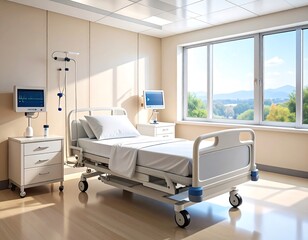Hospital room with bed and equipment