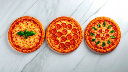 Delicious selection of three pizzas with fresh toppings on a marble surface