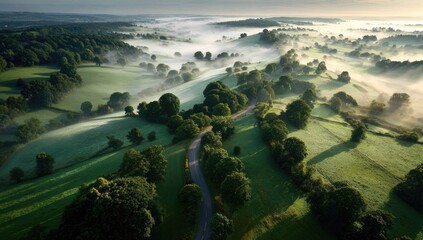 Serpentine road winds through misty green valley at sunrise