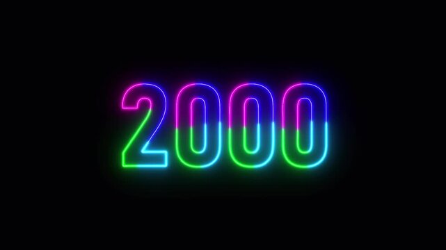 2000 neon line text. Abstract 2000 neon text animation ,For neon color Glowing neon number text background 4k video animation .Digital font against a dark background with neon line looping animation.