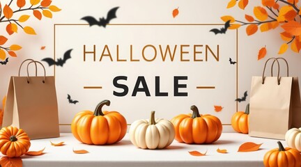Autumn halloween sale with pumpkins and shopping bags decorated with bats
