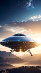 Flying saucer over desert landscape