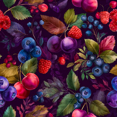 Rich Berry and Fruit Botanical Pattern on Dark Background