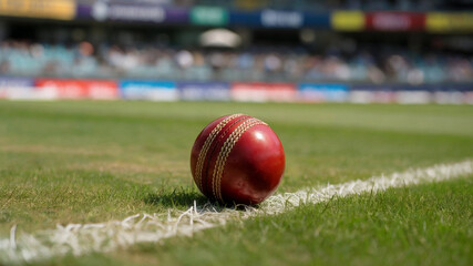 Close up of a Red Cricket Ball on the Grass Field, Sport