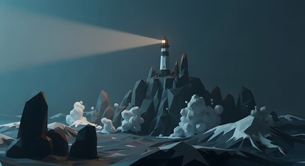 Low Poly Lighthouse Island Scene, Ocean, Minimalist, 3D, Night, Geometric, Hope, Guidance, Seascape, Moody