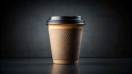 A takeaway coffee cup with a textured sleeve sits on a dark surface