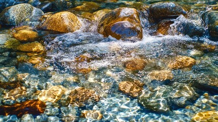 flowing river, crystal clear water, smooth rocks, natural environment, vibrant colors, natural lighting, scenic landscape, tranquil setting, serene atmosphere, outdoor scenery, beautiful nature, untou