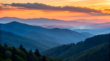 Fototapeta premium Sunset Over Blue Mountain Layers