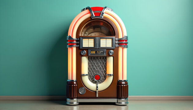 Retro jukebox against teal wall, vintage music player for nostalgic music themes, retro diner decor promotions, vintage lifestyle advertisements. Classic 50s, 60s style machine with chrome accents,