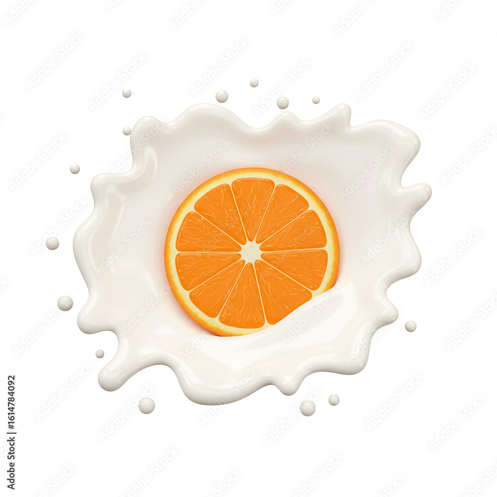 Poster a vibrant orange slice submerged in a creamy splash creating a refreshing and delicious visual of a 