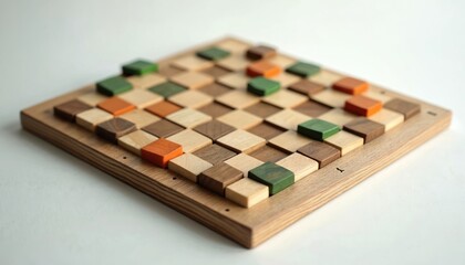 Wooden chessboard with colorful pieces in green, orange, brown. Game board features alternating wood tones, inlaid squares. Strategy game pieces on natural wood surface, ideal for family fun