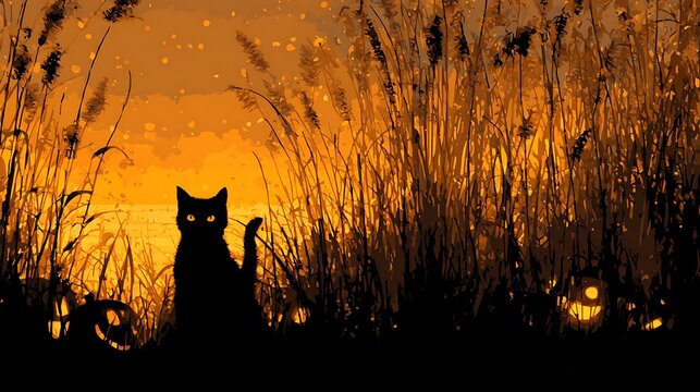 Black cat silhouette in tall grass at sunset with glowing eyes - Powered by Adobe