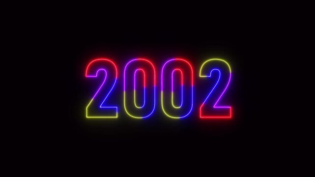 2002 neon line text. Abstract 2002 neon text animation ,For neon color Glowing neon number text background 4k video animation .Digital font against a dark background with neon line looping animation.