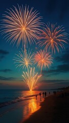 Vibrant fireworks illuminate serene beach.