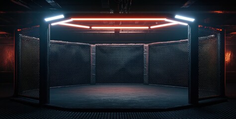 Neon Lit Octagon Cage: MMA, Fighting, Combat Sports Arena