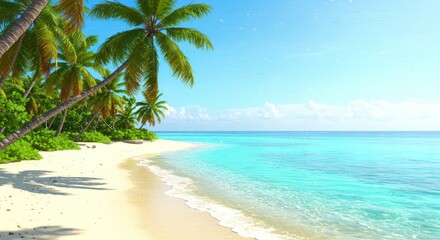 Idyllic tropical beach scene with palm trees and turquoise water.