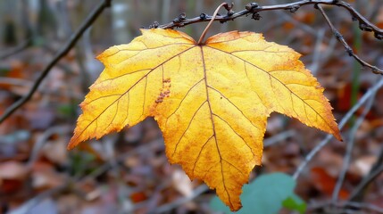 Obraz premium Bright Yellow Maple Leaf Hanging on Branch in Autumn Forest Setting