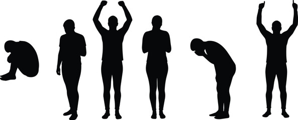 Diverse Human Emotion Silhouettes Set, Expressing Various Feelings Like Sadness, Prayer, and Triumph, Ideal for Mental Health, Spirituality, and Human Condition Concepts, with Dynamic Gestures.
