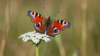 A close-up vibrant illustration of a Peacock Butterfly resting on a wildflower. Ai generated.