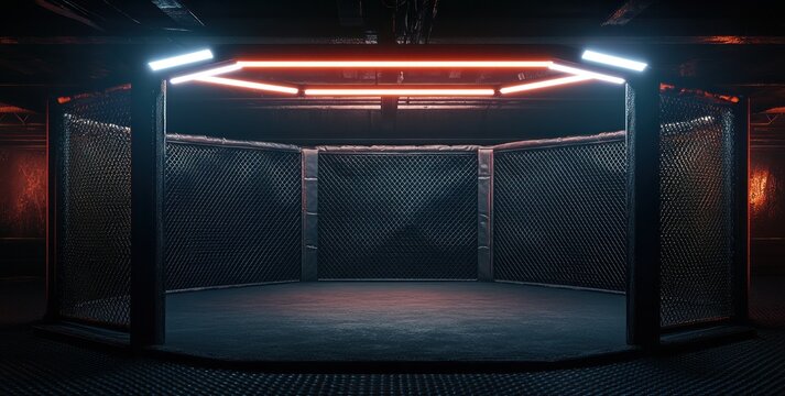 Neon Lit Octagon Cage: MMA, Fighting, Combat Sports Arena