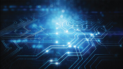 Close-up of a blue circuit board background with digital lines illustrating technology and network communication design