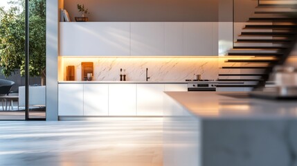 octagonal wooden staircase, expansive glass windows, warm lighting, minimalist interior design, minimalist decor, modern architecture, open floor plan, polished concrete floors, sleek furniture, skyli