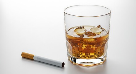 Whiskey with ice and a cigarette on a white surface still life