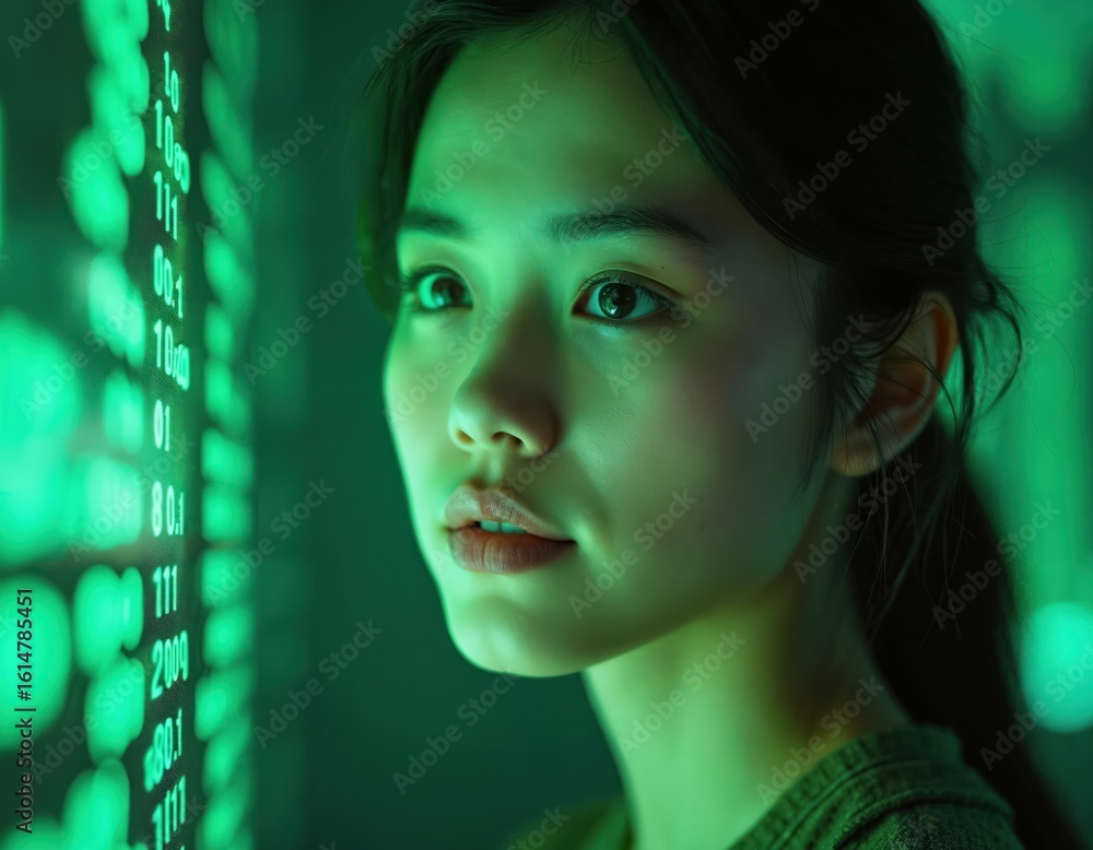 Poster young woman gazes at a digital screen displaying green binary code. she is focused on information wi