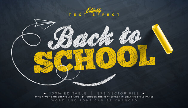 Back to School Editable Chalk Drawing Illustrator Text Effect Design Vector Graphic Style Effect with Customizable Hand Drawn Font on Black Chalkboard Background. Premium Typography Lettering