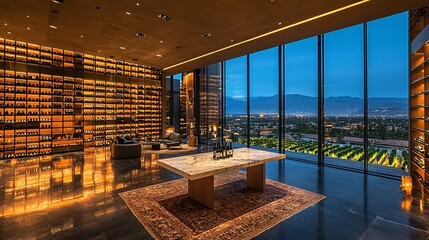 Luxury study room night view with floor-to-ceiling windows
