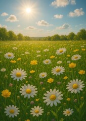 Fototapeta premium Sunny meadow with blooming daisies.