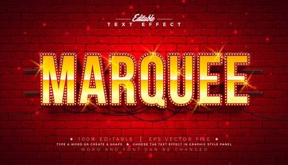 Plakat Marquee 3D Text Effect Design Editable and Scalable Vector Graphic Style Effect with Light Bulb Frame Billboard and Retro Burlesque Signboard Typography Lettering on Vintage Brick Wall Background. Pre