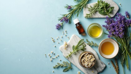 Collection of natural herbal ingredients, essential oils for relaxation, wellness, aromatherapy. Includes lavender, chamomile, mint, rosemary in bowls with oils, fresh leaves. Promotes health,