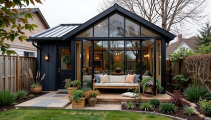 Modern garden room with glass walls and cozy seating area.