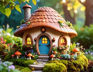 Charming miniature mushroom house nestled in a vibrant garden, glowing warmly