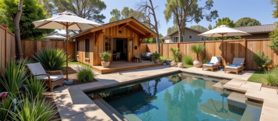 Fototapeta premium Serene backyard with a pool and wooden cabin surrounded by lush greenery.