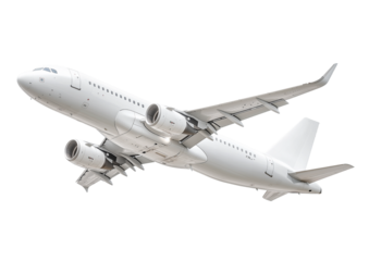 A white airplane flying, isolated on a transparent background