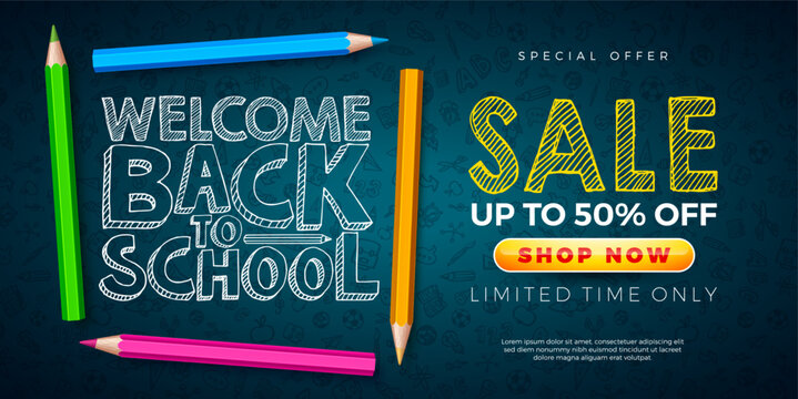 Back to School Sale Banner Design with Colorful Pencil and Hand Draw Typography Lettering on Blue Hand Drawn Doodles Background. Vector Business Concept Illustration with Special Offer Text Elements