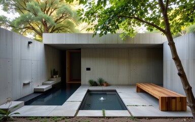 Modern minimalist courtyard with water feature and greenery.