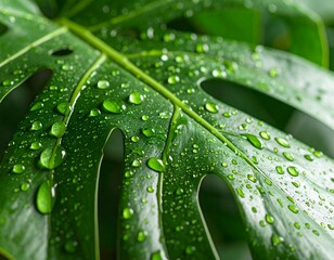 Close up photo of a monstera leaf with raindrops on it