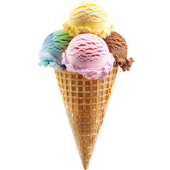 Colorful ice cream scoops in a waffle cone