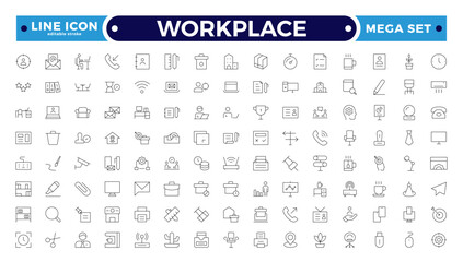 Workplace Outline icon set. Office icon set. Containing briefcase, desk, computer, meeting, employee, schedule and co-worker symbol. Outline workspace icons collection. Editable stroke outline icon. 
