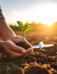 Hands planting young sapling in soil