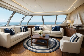 Luxurious yacht interior living room with nautical decor and ocean view through panoramic windows on a sunny day with elegant wooden flooring. Ai generative