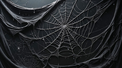 A dark, velvety black banner covered in eerie, thick spider webs. Dewdrops glisten on dusty strands, unevenly scattered to create a foreboding and atmospheric Halloween design.