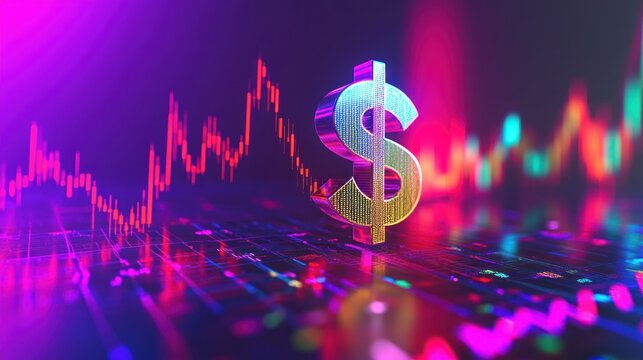 colorful dynamic financial chart, dollar sign, fluctuating stock market, neon glow, digital finance, abstract financial data visualization, futuristic finance concept
