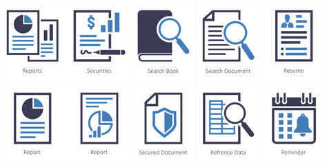 A set of 10 mix icons as report, securities, search book